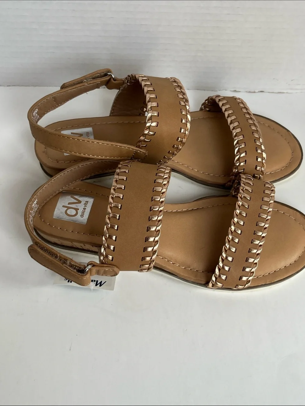 DV Dolce Vita Demy Girls Whipstitch Size 3 Wedge Low Cork Heel Tan Sandals